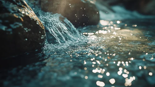 Sunlit Waterfall with Shimmering Stream