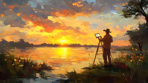 Painter at Sunset by the Lake
