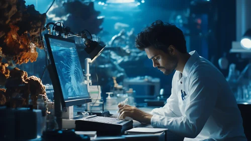 Lab Work: Scientist in Blue Light