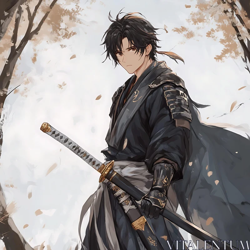 AI ART Anime Samurai with Katana Under Falling Leaves