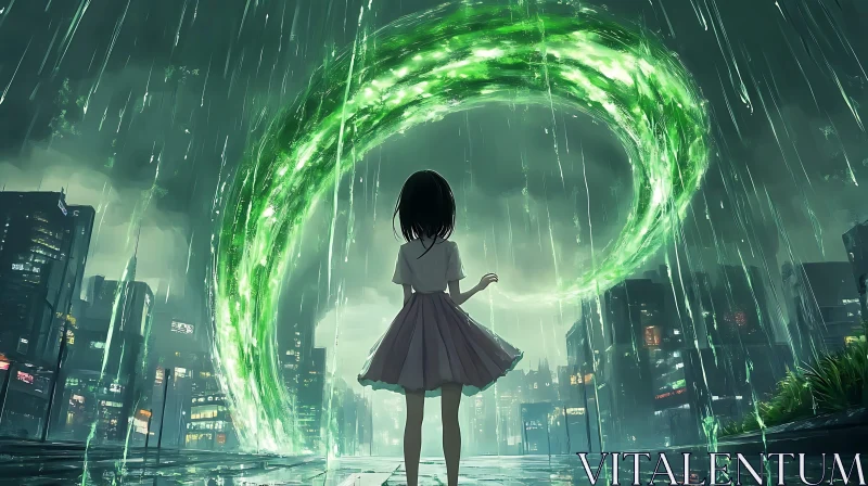 Girl Encounters Green Vortex in Rainy Cityscape AI Image