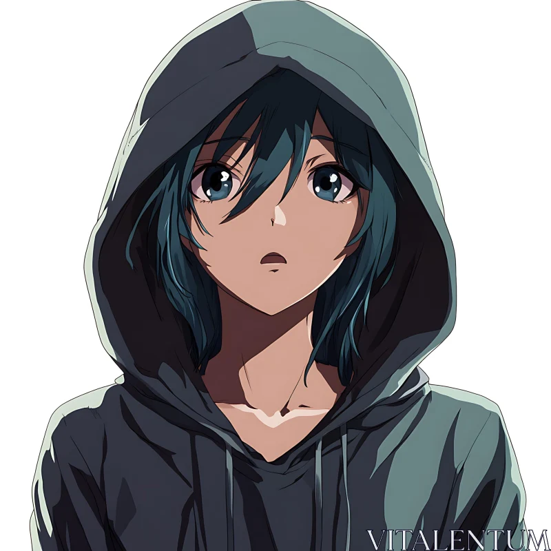 Hooded Anime Character with Teal Eyes and Dark Hair AI Image