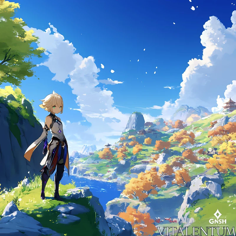 Anime Character Overlooking Scenic Fantasy World AI Image