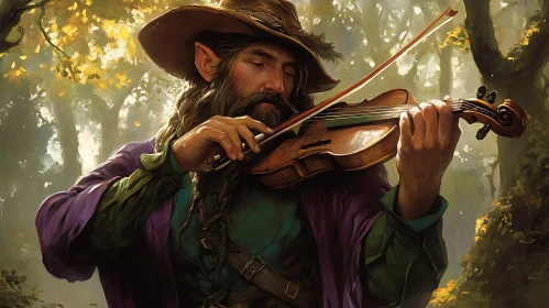 Enchanting Elf Plays Violin in Woods