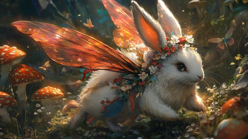 Whimsical Winged Rabbit with Floral Crown