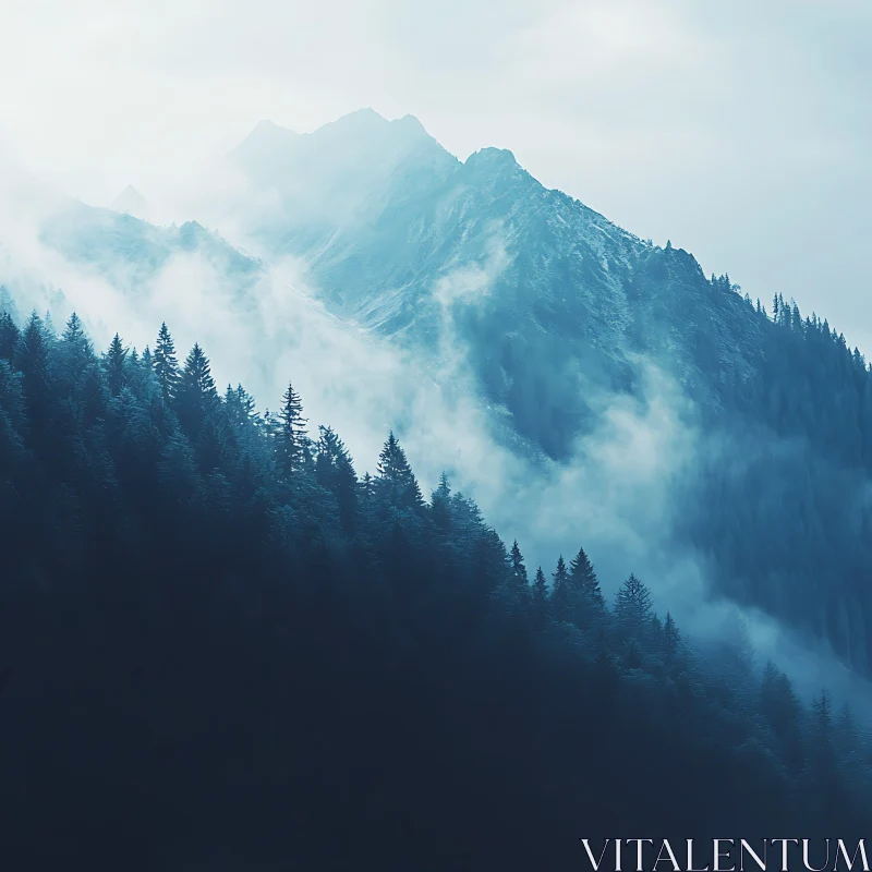 Mountains and Forest in the Mist AI Image