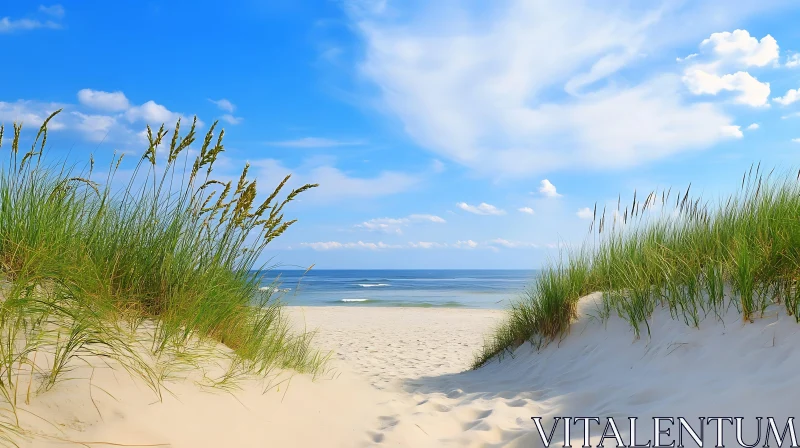 AI ART Coastal Beach with Grass and Blue Sky