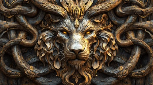 Intricate Wood Lion Sculpture