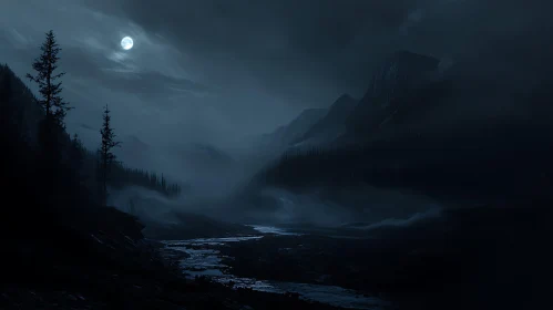 Night River Landscape with Moon