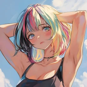 Colorful Haired Anime Girl in Casual Pose