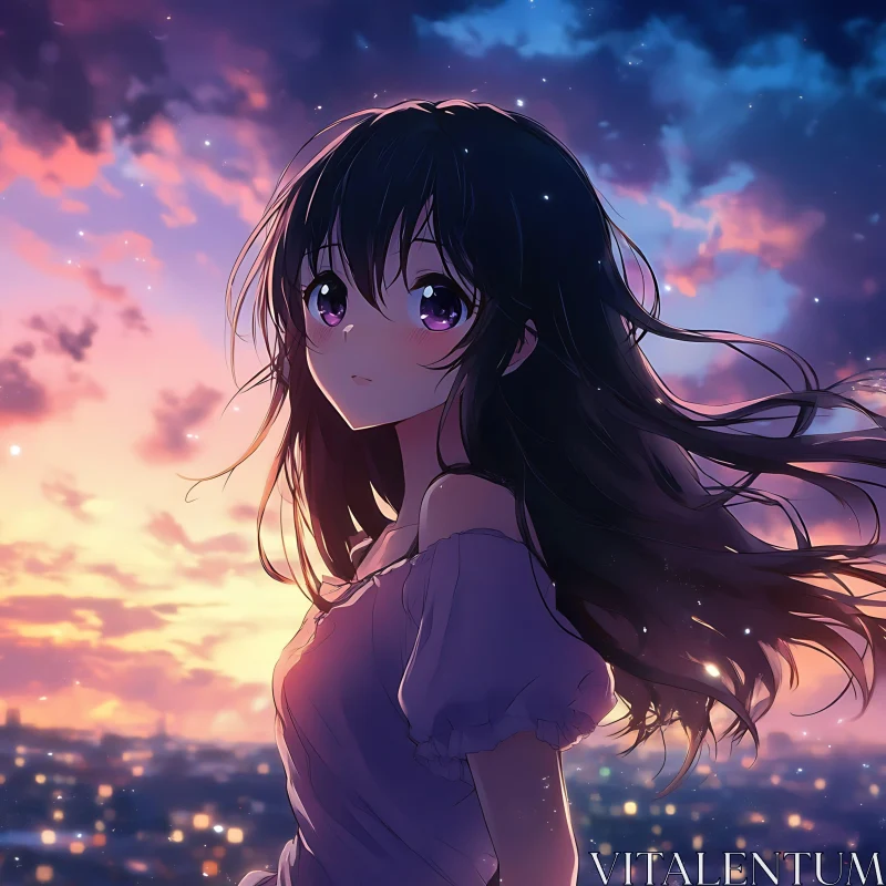 Sunset Anime Girl with Cityscape Background AI Image