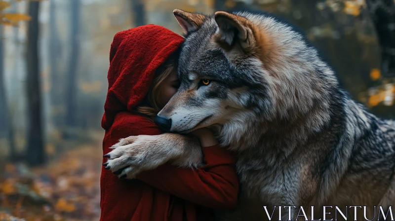 Girl and Wolf Embrace in Forest AI Image