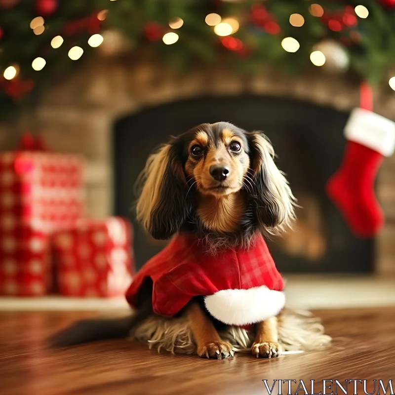 Adorable Dog in Christmas Attire with Holiday Decorations AI Image