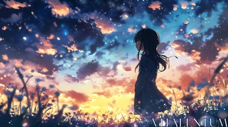 Dreamy Anime Sunset with Girl's Silhouette AI Image