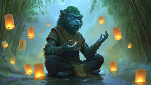 Zen Monkey in Forest with Floating Lights