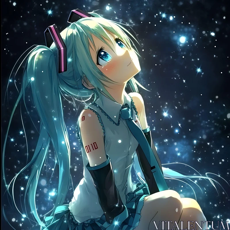 Blue-Haired Anime Character Under Stars AI Image