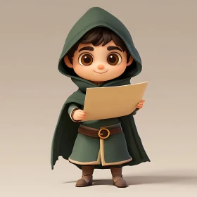 Cartoon Boy in Green Hood Holding Scroll