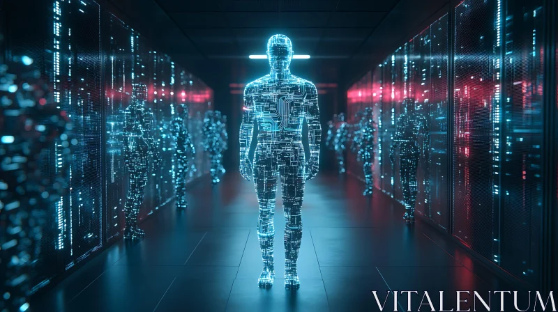 AI ART Glowing Humanoid in Tech Corridor