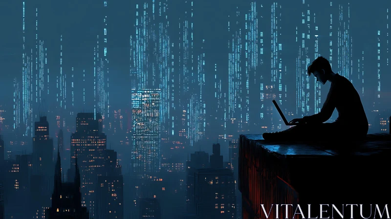 Rooftop Programmer in Futuristic City AI Image