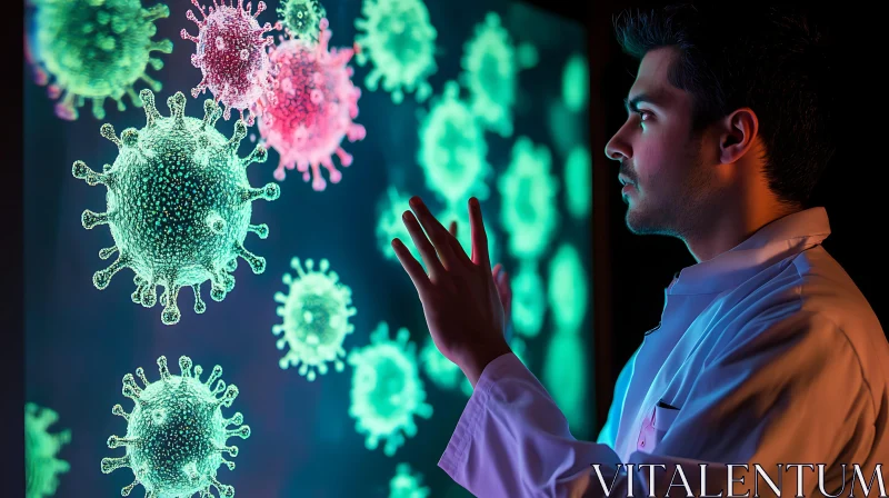 AI ART Scientist Analyzing Virus on Screen