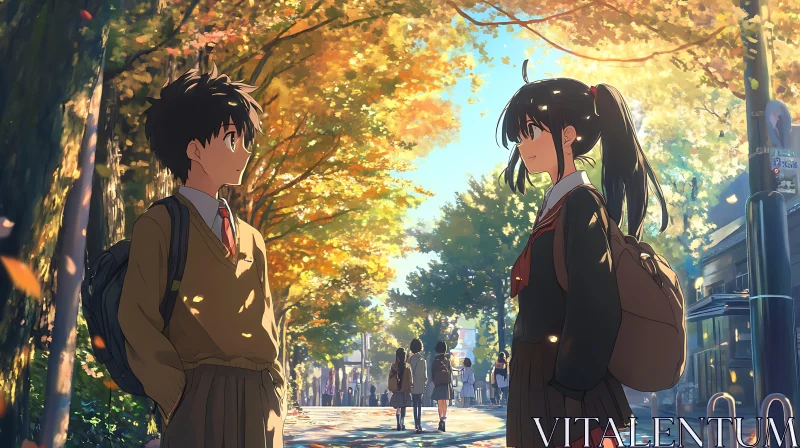 Sunlit Anime School Path in Autumn AI Image