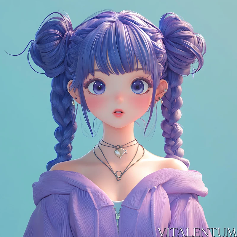 Purple-Haired Anime Girl with Braided Hair and Expressive Eyes AI Image