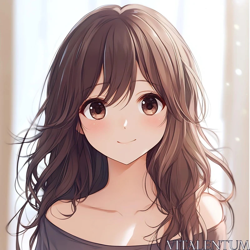 Anime Girl with Wavy Brown Hair and Gentle Smile AI Image