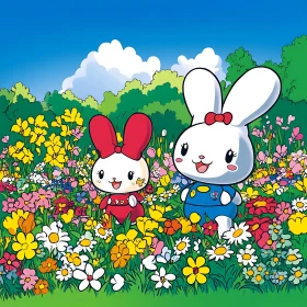 Whimsical Bunnies Among Colorful Flowers