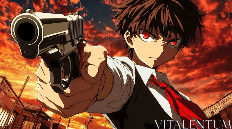 Urban Drama: Anime Character with Handgun at Dusk AI Image