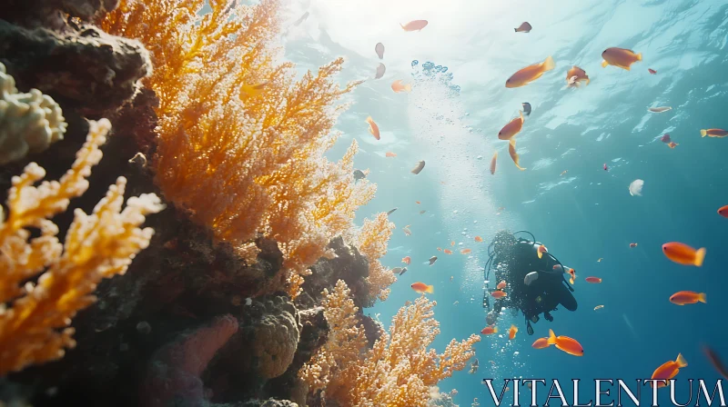 Scuba Diver Exploring Coral Reef with Fish AI Image