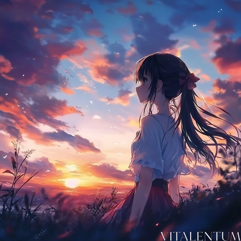 Serene Sunset with Anime Girl in Field AI Image