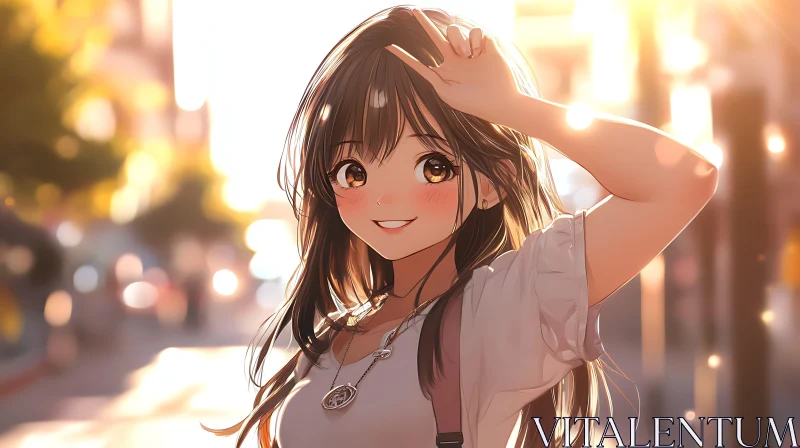 Smiling Anime Girl Basking in Golden Sunlight AI Image