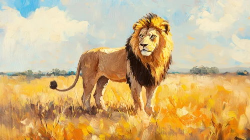 Lion in Golden Grasslands Painting