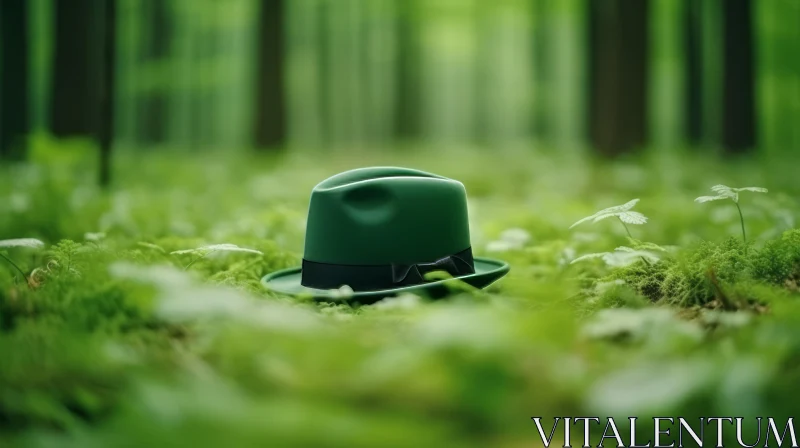 Green Fedora Hat in the Green Forest: A Minimalistic Surrealism Masterpiece AI Image