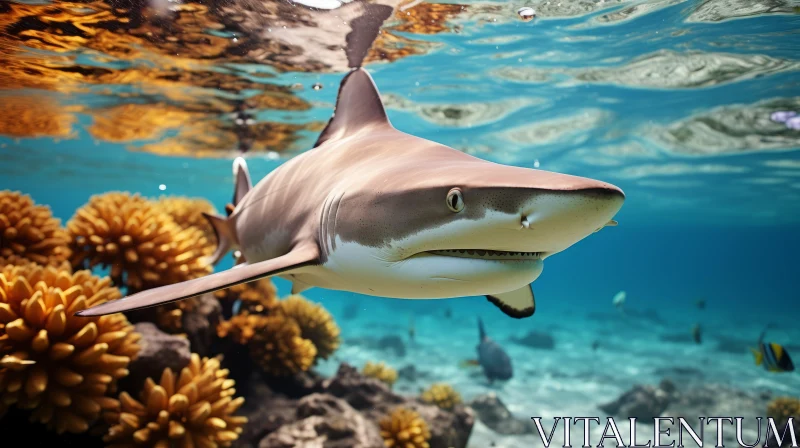 Photorealistic Underwater Scene with Shark and Coral Reef AI Image
