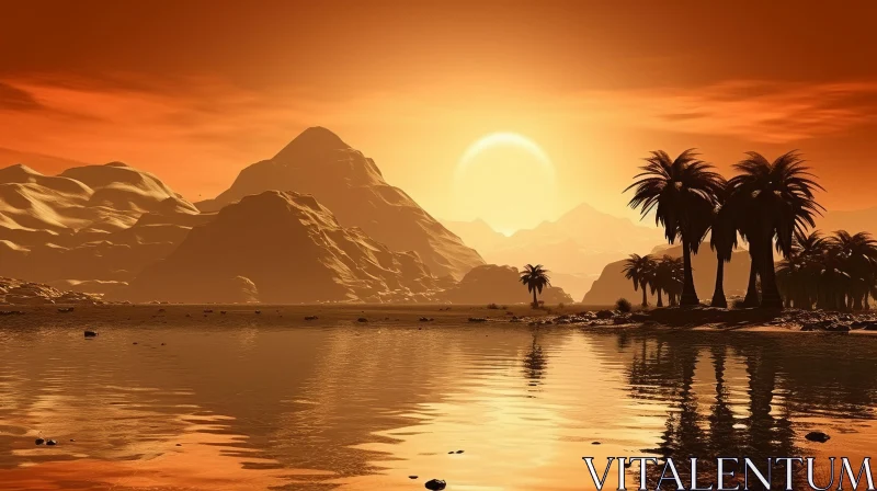 Sci-Fi Sunset Landscape with Palm Trees and Lake AI Image