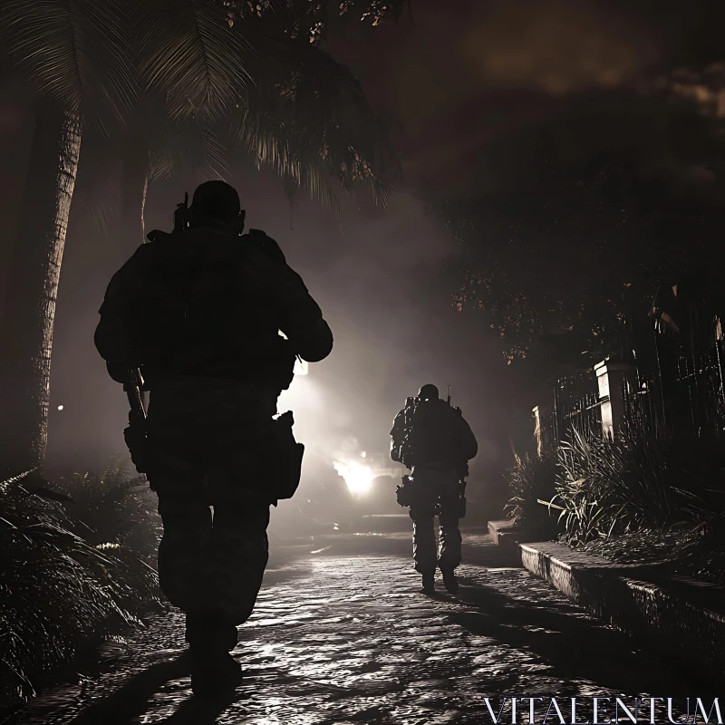 Silhouette Soldiers on Night Patrol AI Image