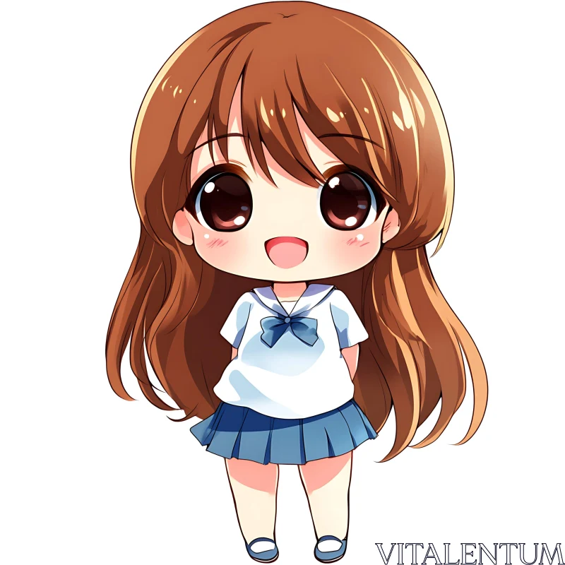 Chibi Anime Girl with Brown Hair and Blue Skirt AI Image