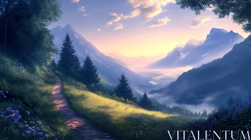 AI ART Tranquil Mountain Valley at Sunrise