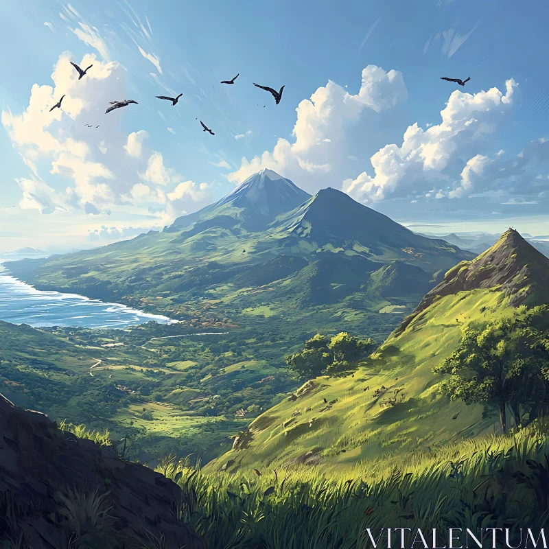 AI ART Scenic Mountain Landscape with Birds Flying