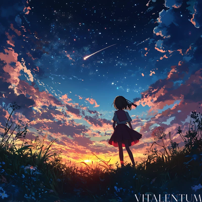 Anime Girl Watching Shooting Star at Twilight AI Image