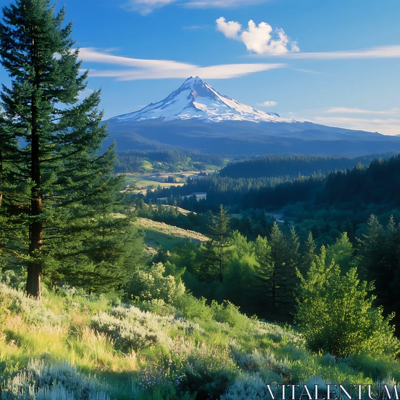 AI ART Snowy Mountain Over Green Forest