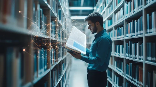 Man Reading Augmented Reality Book in Library