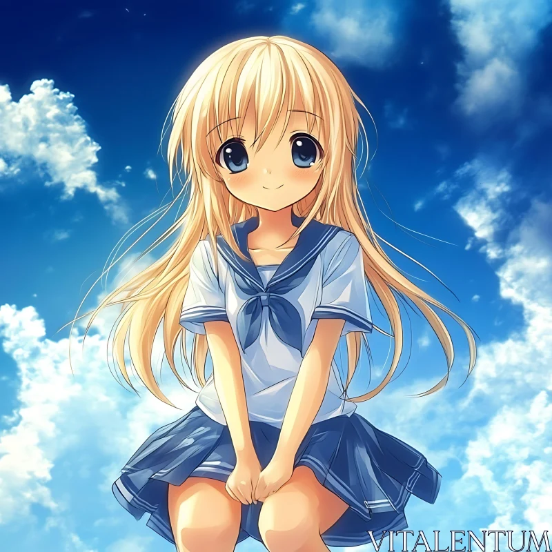 Anime Girl with Blonde Hair and Blue Sky AI Image