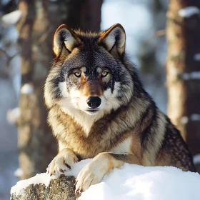 Wolf Resting on Snowy Rock