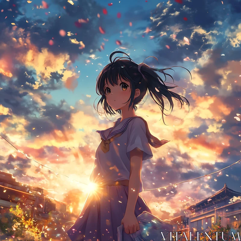 Serene Anime Sunset with Windblown Girl AI Image