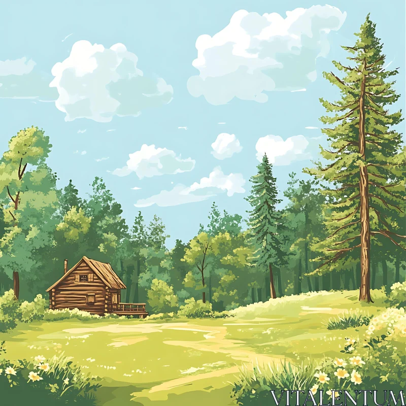 AI ART Serene Forest Cabin and Meadow Scene