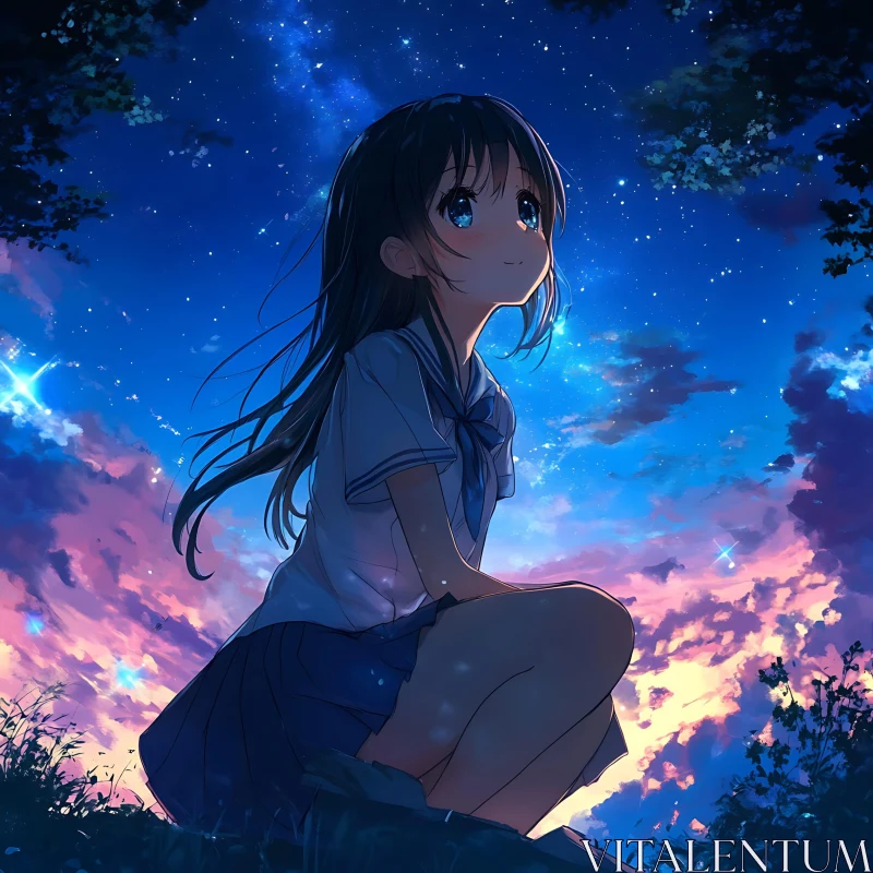 Serene Anime Night Scene with Starry Sky AI Image