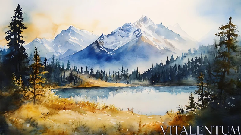 AI ART Watercolor Mountain Serenity