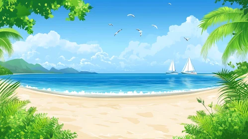 Tropical Beach with Sailboats and Seagulls